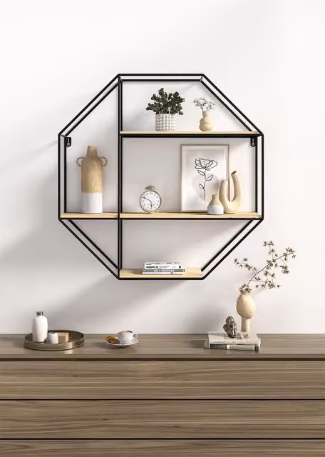 Livingandhome 3-Tier Metal and Wood Wall Mounted Floating Shelf Unit in Black – 1