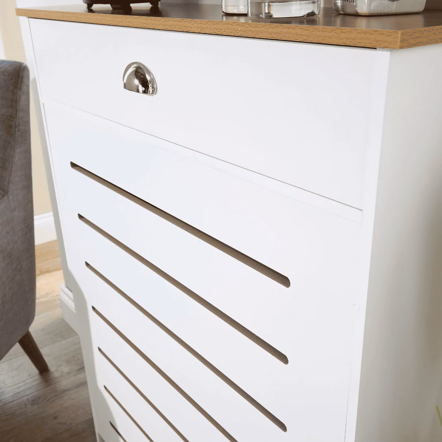 Home Source Batley Modern White MDF Radiator Cover Cabinet with Drawer and Shelf – 3