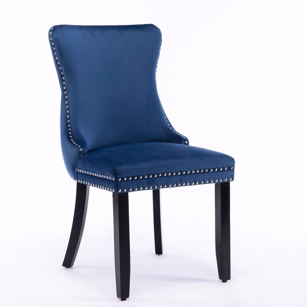 Modern Home Touch Sierra Lux Set of 4 Blue Velvet Tufted Wing Back Dining Chairs with Oak Wood Frames – 2