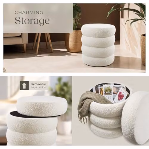 tectake Scandinavian Style Storage Ottoman with Soft Bouclé Cover and Padded Seat, Beige/White, W/D/H: 47 x 47 x 42 cm – 3