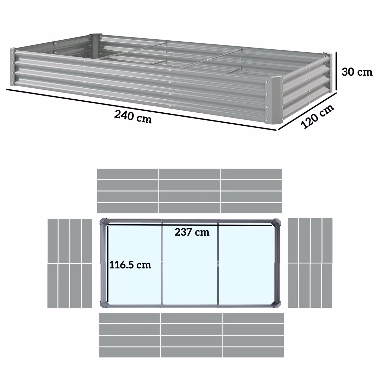 Outsunny Galvanised Steel Open Planter, Silver, W: 240 cm, H: 30 cm, D: 120 cm – 3