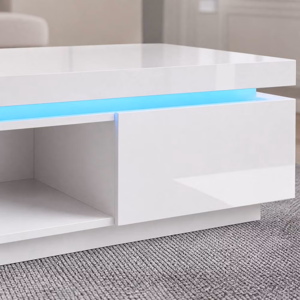 AKI HAUS White High Gloss LED Coffee Table with Drawer – 4
