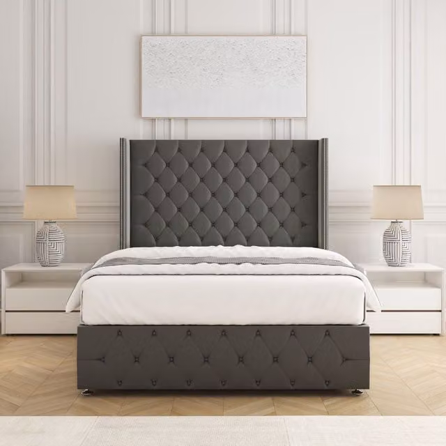 BSSPOKE Mayfair Double Plush Velvet Divan Bed with 54 inch Headboard and Mattress in Grey, W/D/H: 140 x 200 cm