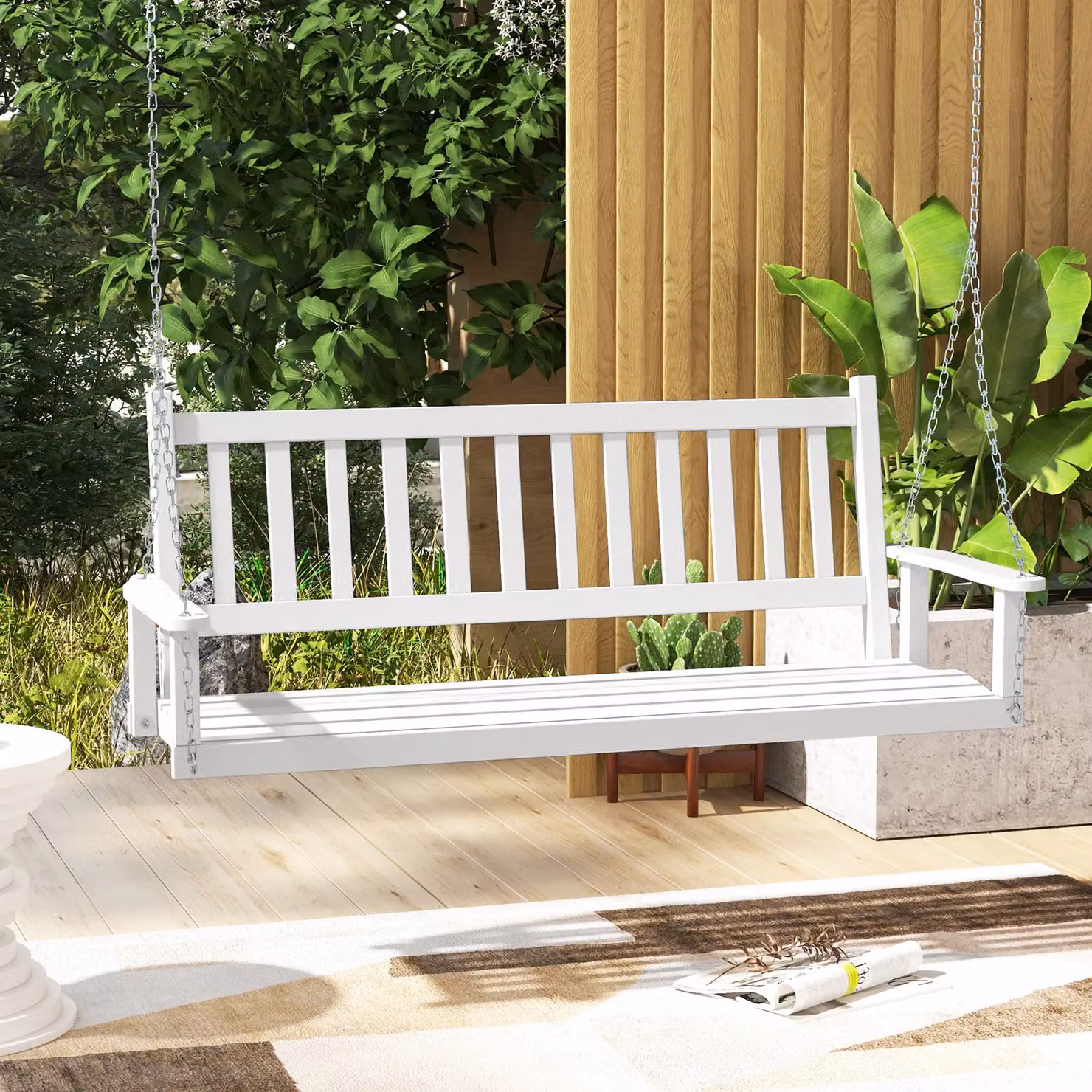 Costway 3-Person Wooden Garden Swing Bench with Slatted Back and Armrests in White – 2