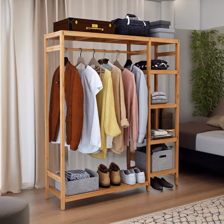 Rafaelo Mobilia Bamboo Clothes Rail with 5 Shelves in Brown, W/D/H: 146 x 30 x 30 cm