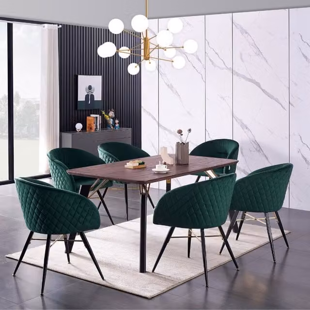 Life Interiors Vittorio Toga LUX 7 Piece Dining Set with Rectangular Table and 6 Chairs in Green, Black and Gold