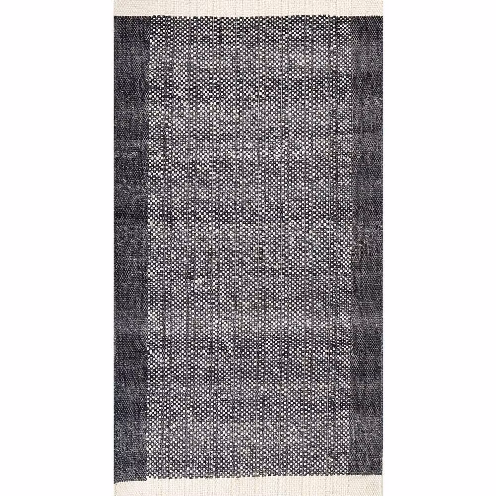 Wyld and Coco Hand-Woven Wool Herringbone Rug in Black and White with Fringes, W: 80 cm, L: 150 cm – 2