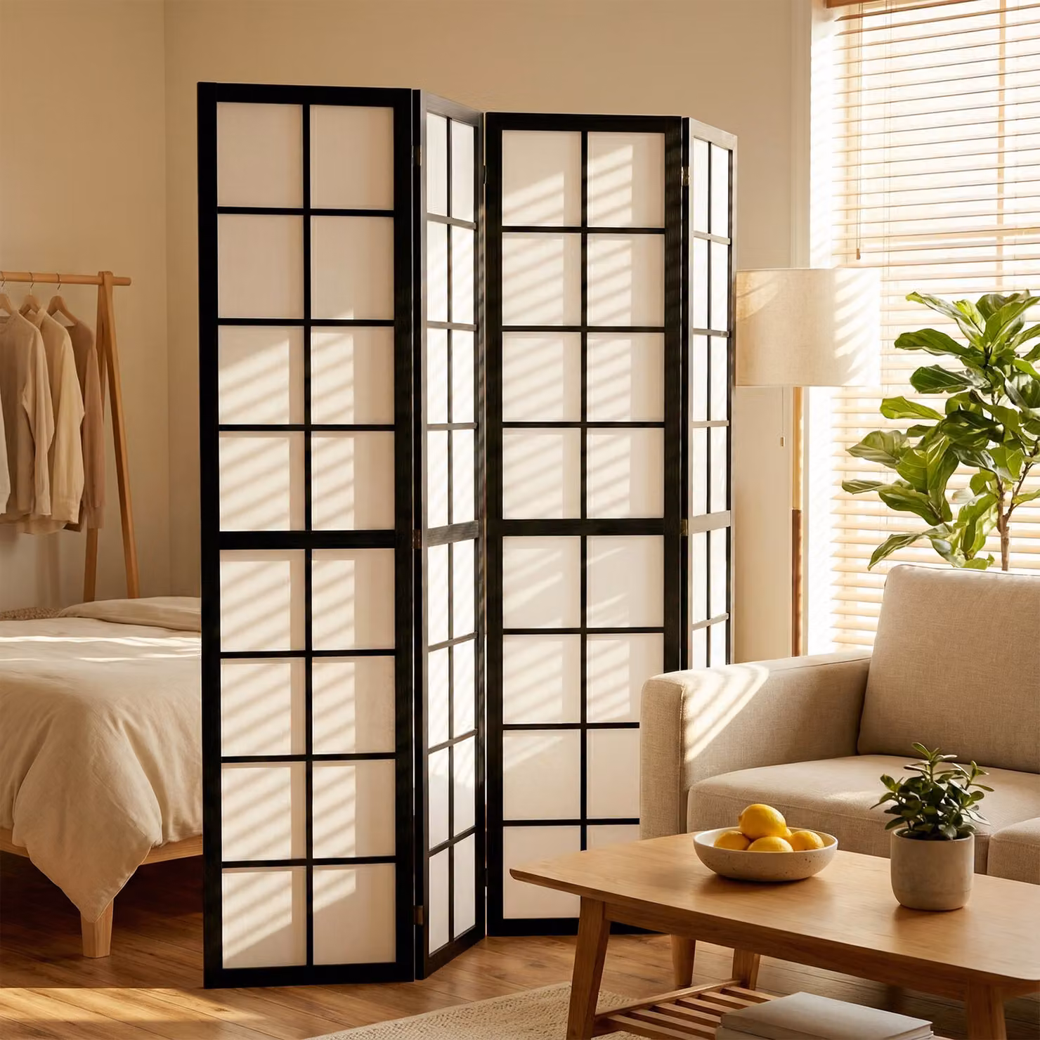 HOMCOM 4 Panel Folding Room Divider, Black Geometric Wood Privacy Screen – 2