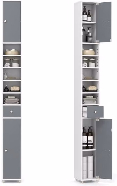 Gymax Slim White Bathroom Tall Linen Tower with 2 Doors and 1 Drawer – 1