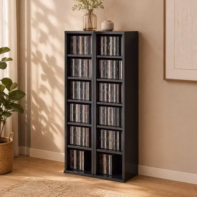 STILVORA Set of 2 Black Modern CD Storage Units with Adjustable Shelves