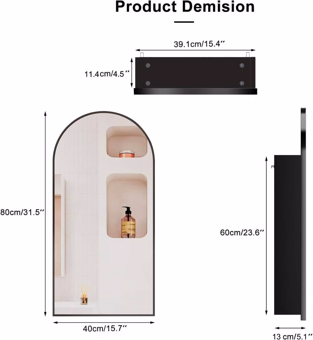 KEEPREAPER Modern Black Wall Mounted Bathroom Mirror Cabinet with Hinged Glass Doors, W/H: 40 x 80 cm – 3