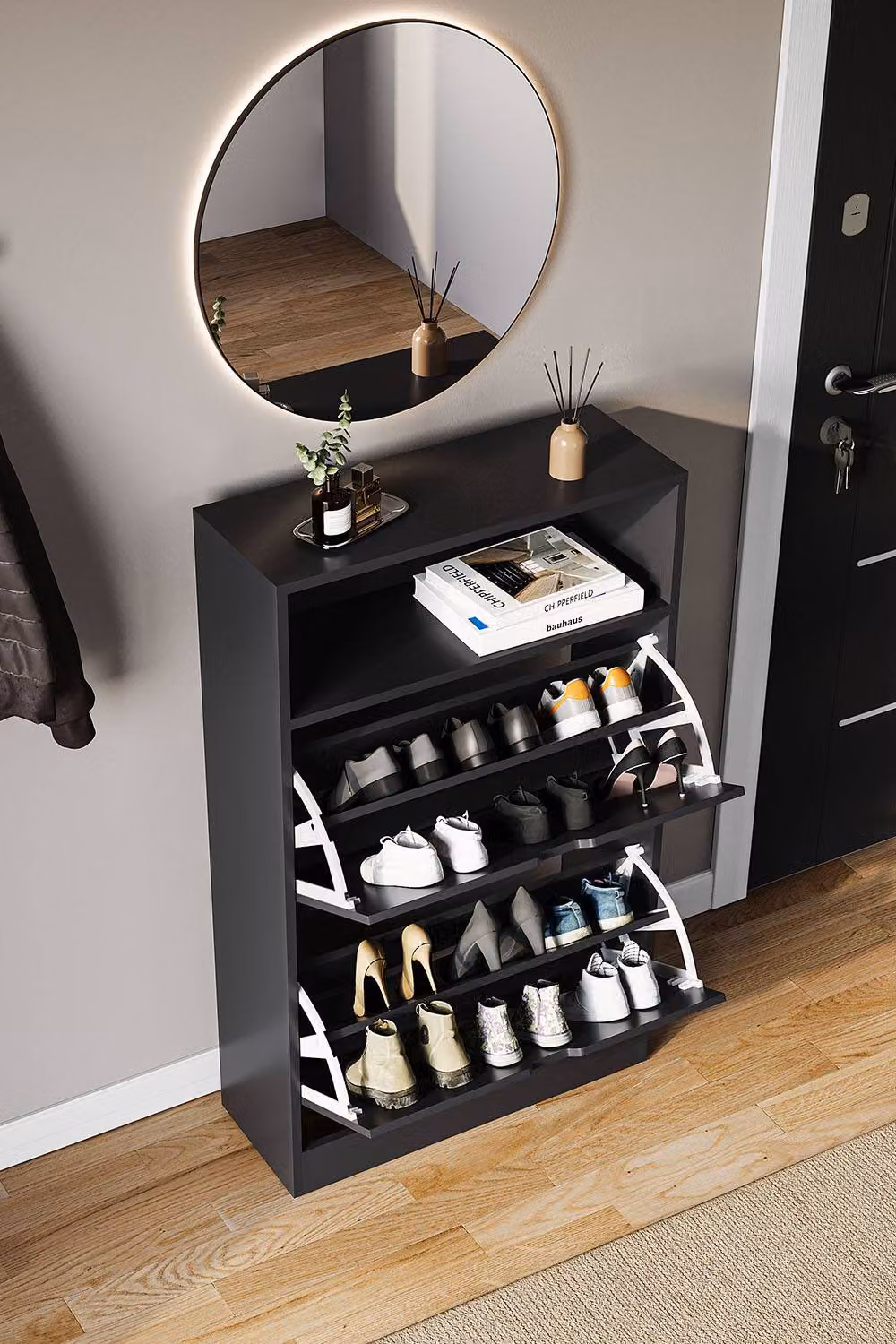 HD Designs Modern Black 2 Drawer Shoe Cabinet with Tilting Compartments and Internal Shelves – 6
