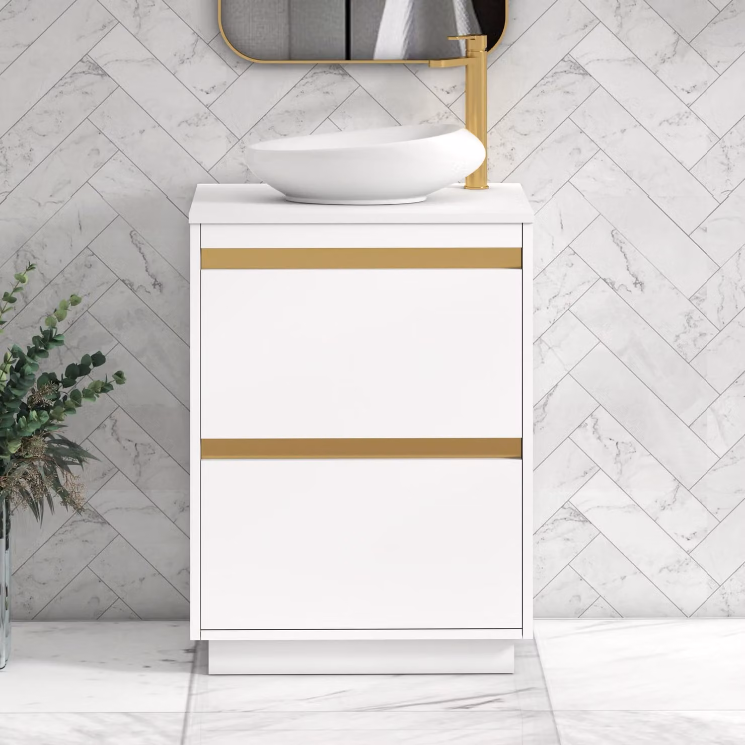 Royal Bathrooms Orion 600mm Matt White Floor Standing 2 Drawer Vanity Unit with Nova Basin and Brushed Brass Accent Trim