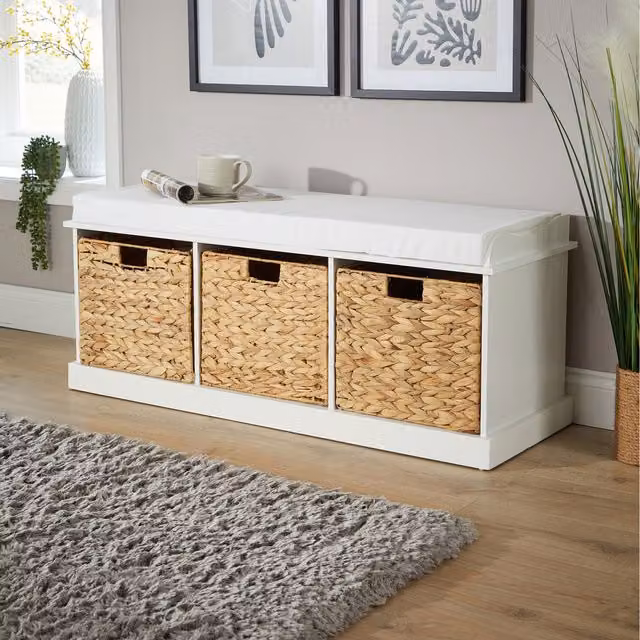 Home Source Lapworth Scandinavian Hallway Storage Bench with Rattan Drawers in White