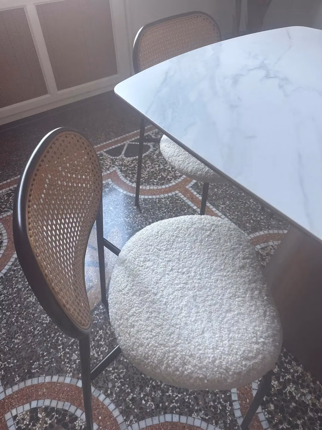 Nordlys Set of 2 Industrial Metal and Rattan Dining Chairs in White and Black with Bouclé Fabric – 3