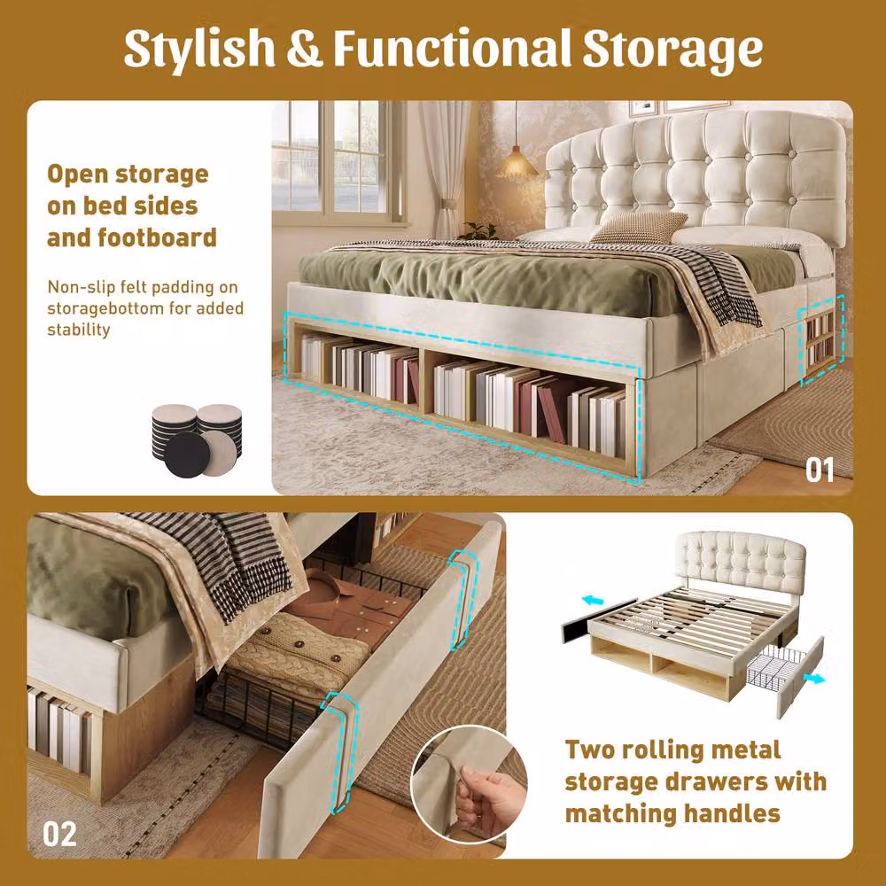 Merax Double Velvet Upholstered Storage Bed with Adjustable Headboard, Beige, W/D/H: 140 x 200 x 110 cm – 4