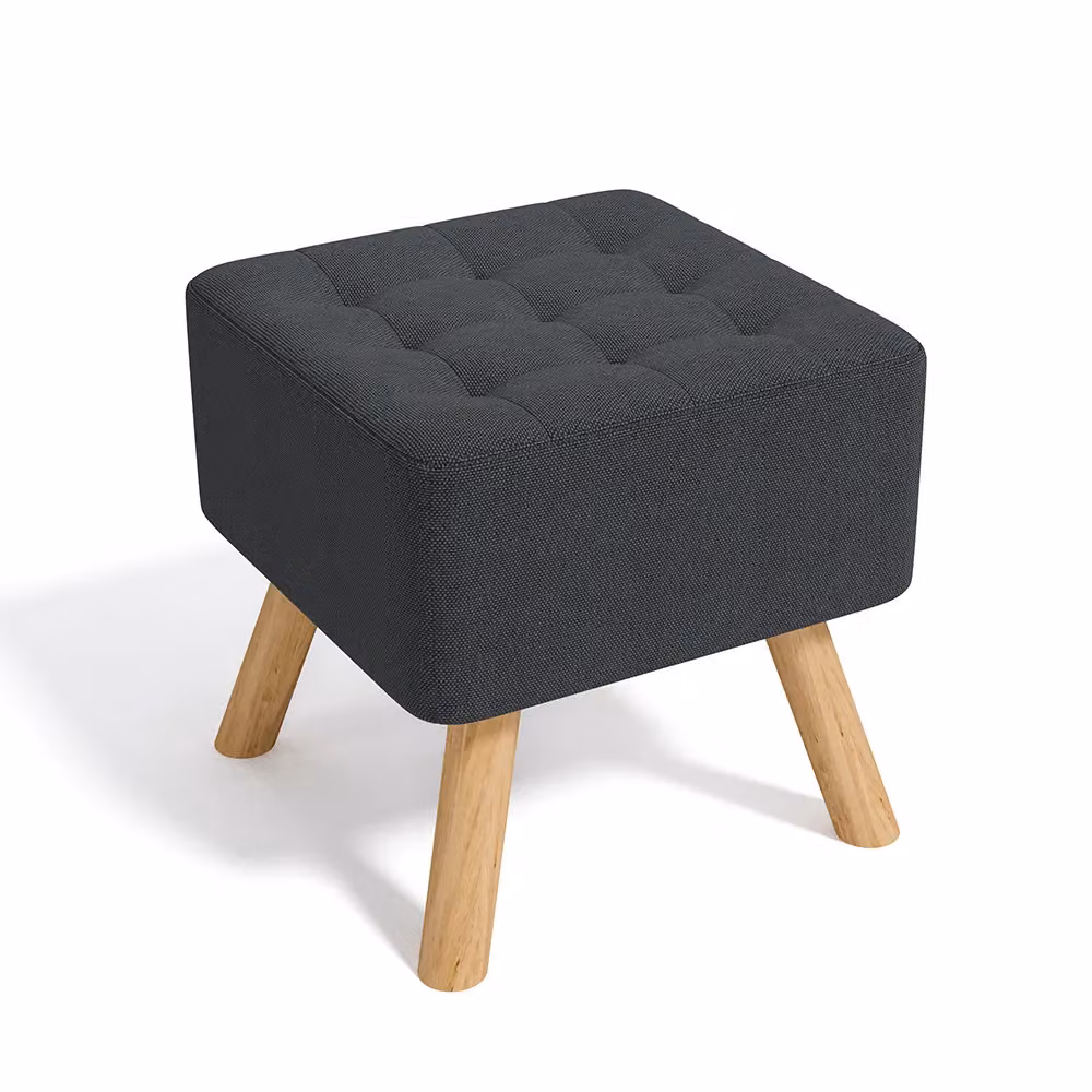 Living and Home Dark Grey Linen Padded Square Footstool with Wooden Legs – 2