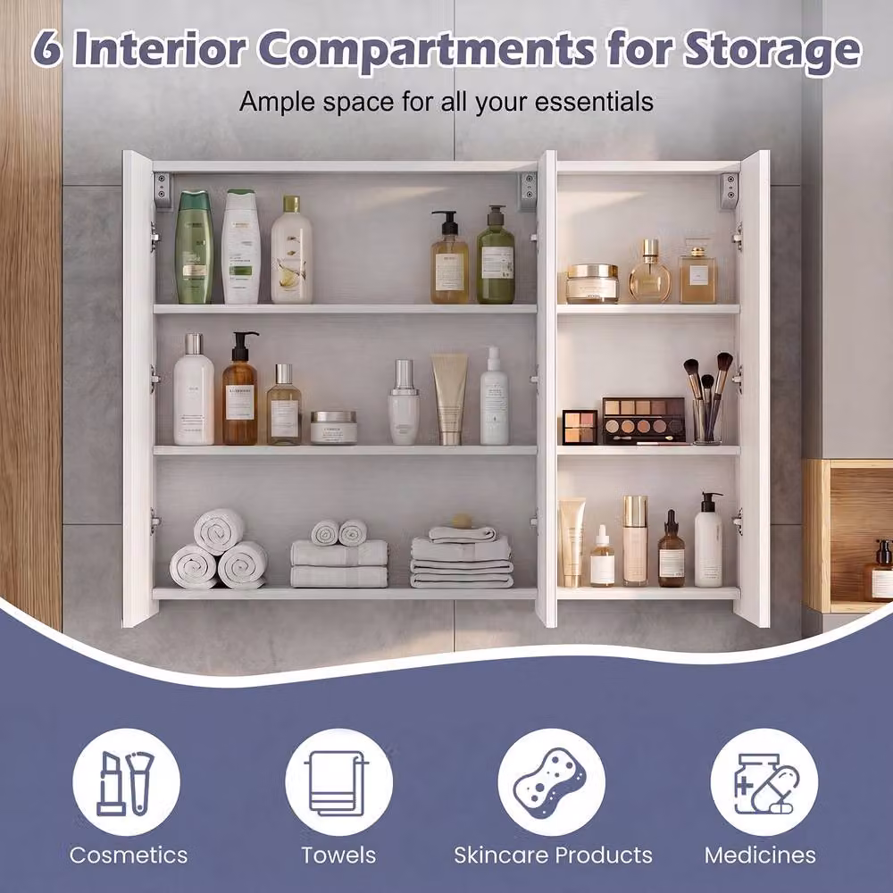 Costway White Wall Mounted Bathroom Mirror Cabinet with 3 Soft Close Glass Doors – 3