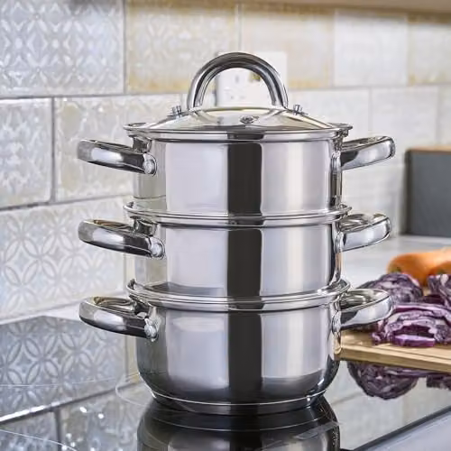 Cooks Professional 3 Tier Stainless Steel Steamer Pan in Silver with Glass Lid, Diameter: 16 cm – 2