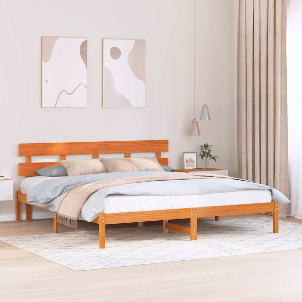 Berkfield Home Solid Wood Pine Bed Frame with Headboard in Wax Brown, 200 x 200 cm – 2