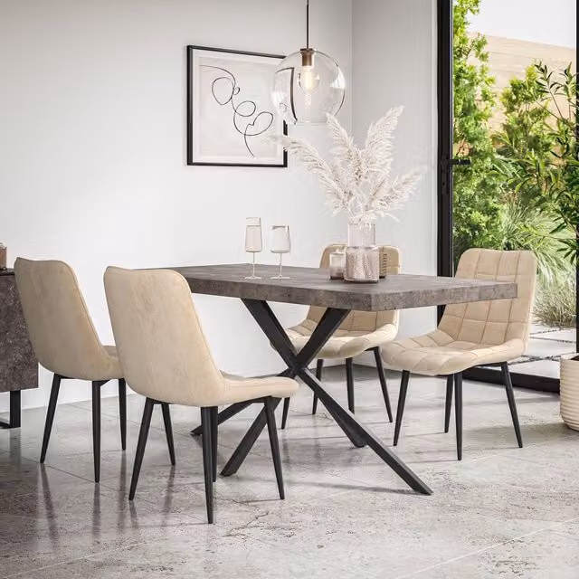 More4Homes Donni Dining Table and 4 Nova Velvet Chairs Set, Concrete Effect Top with Black Legs and Beige Chairs, W/D/H: 160 x 80 x 76 cm – 1