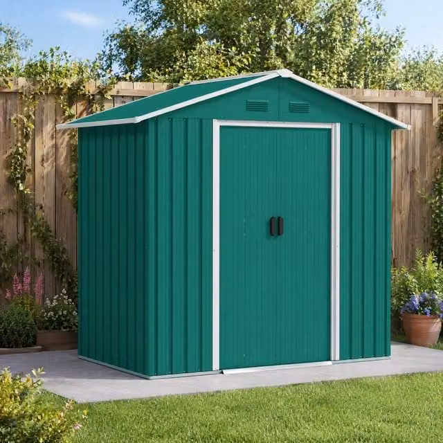 STILVORA Metal Garden Storage Shed in Green with Double Sliding Doors, Side Vents and Gable Roof, W/D/H: 183 x 114 x 184 cm