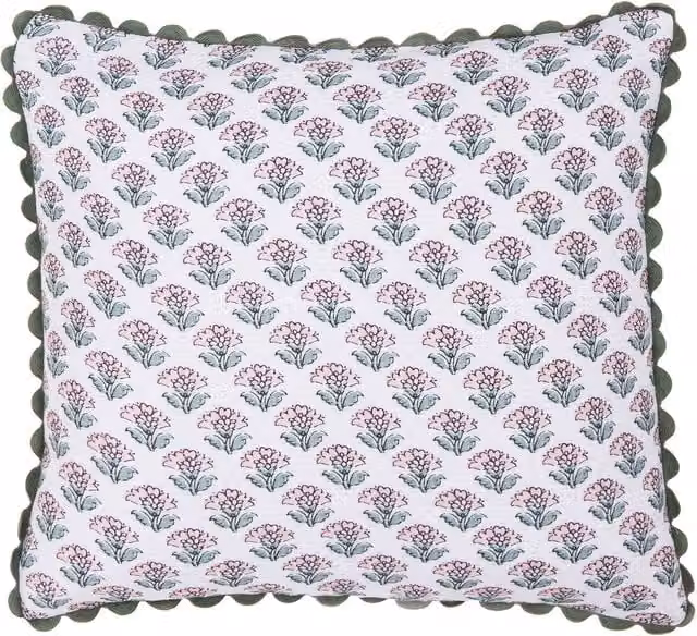 Joules Indienne Floral Blockprint Cotton Cushion, Green, Pink and White, W/D/H: 45 x 45 x 45 cm