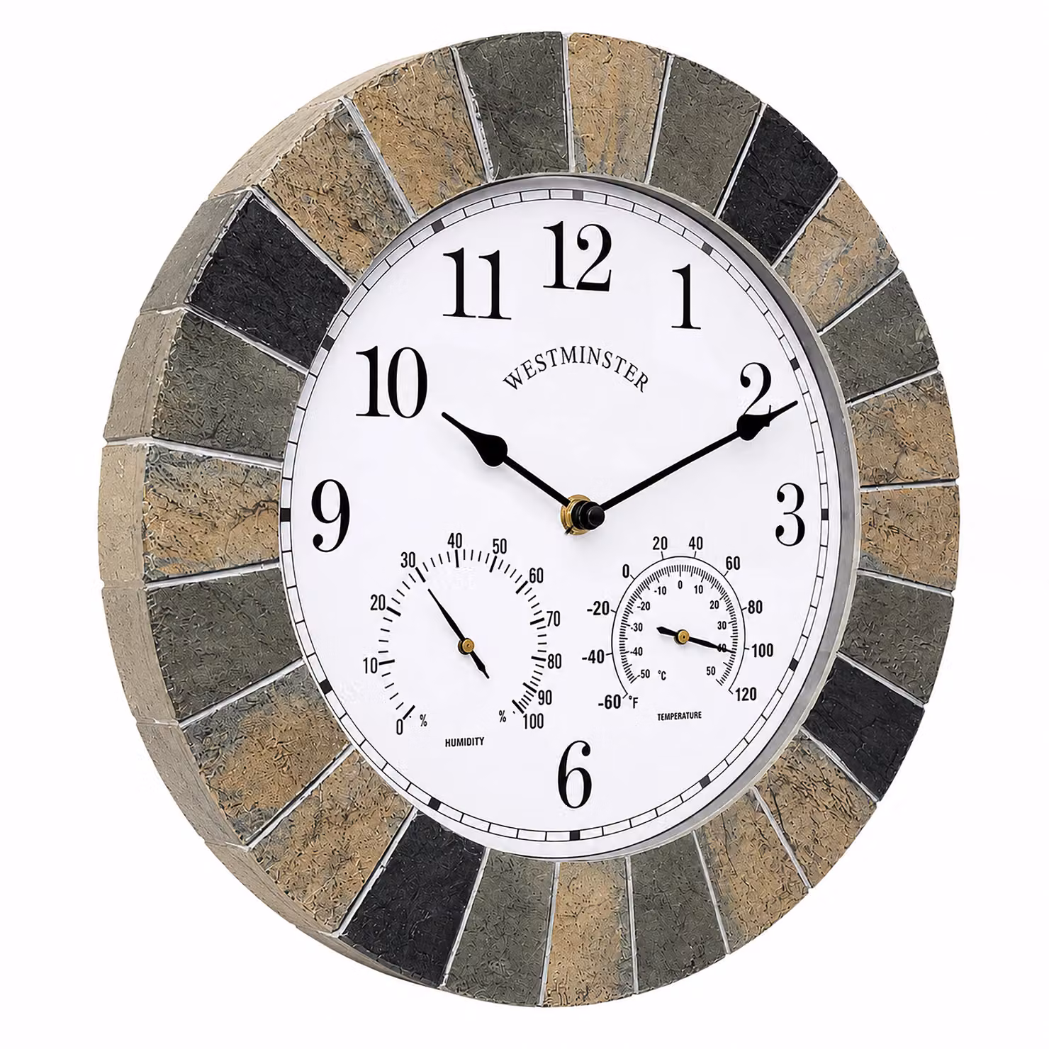 Marco Paul Grey Stone Roman Numeral Analog Clock and Thermometer for Indoor or Outdoor Use, Diameter: 35 cm – 2