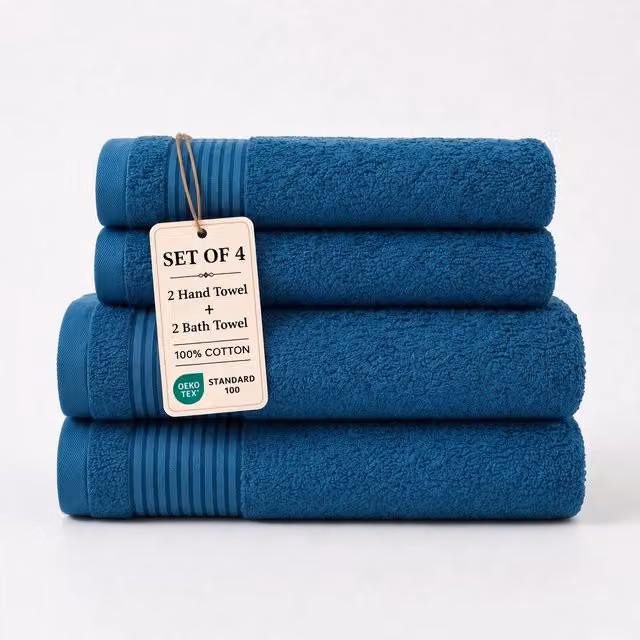 Grace Premium 500 GSM Cotton Bath and Hand Towel Set of 4 in Teal Blue