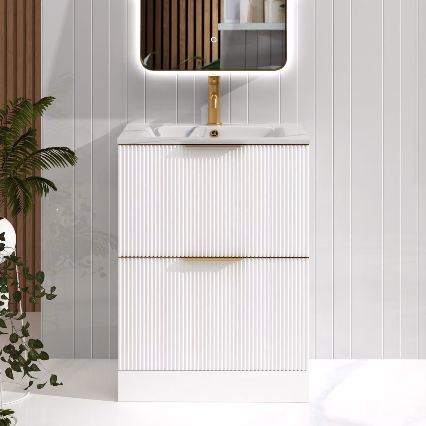 Royal Bathrooms Evora 600mm Matt White Fluted Floor Standing 2 Drawer Vanity Unit with Carrara White Basin and Brushed Brass Handles W: 60 cm, D: 46 cm, H: 80 cm