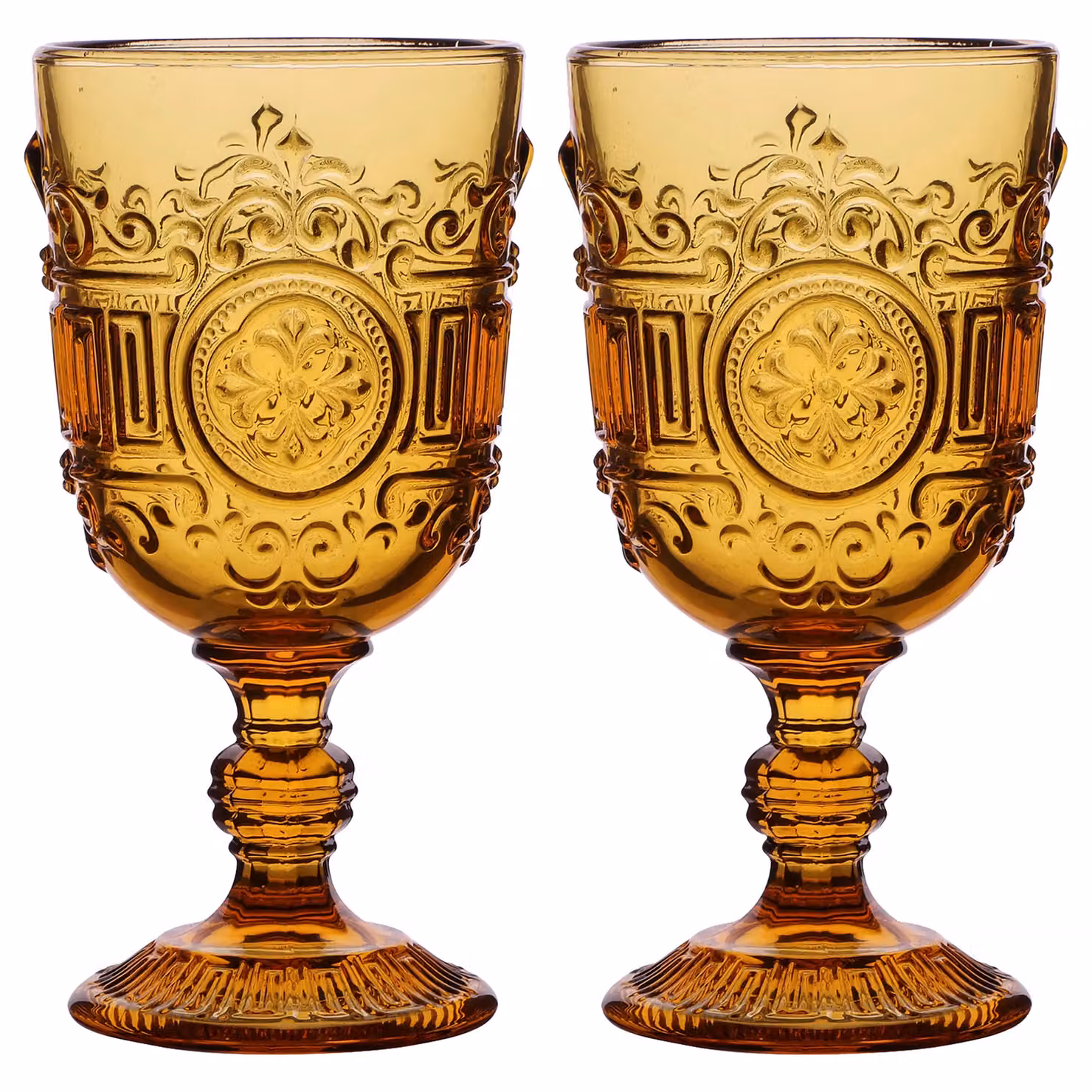 Dibor Set of 2 Amber Embossed Glass Wine Goblets, 300ml, Yellow – 2