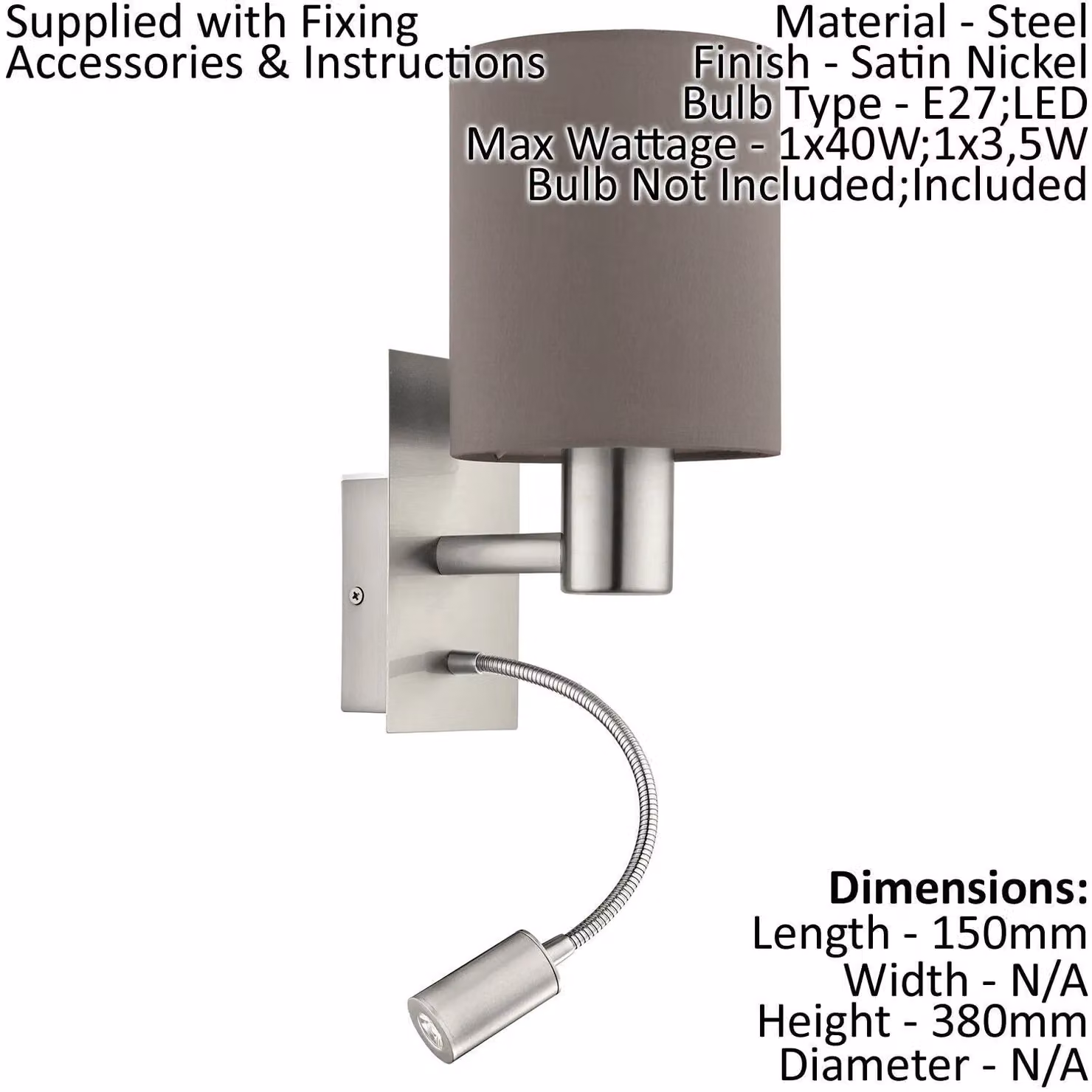 Loops 2 Pack Modern Wall Lights with Anthracite Brown Fabric Shade and Satin Nickel Metal Finish, E27 Base – 2