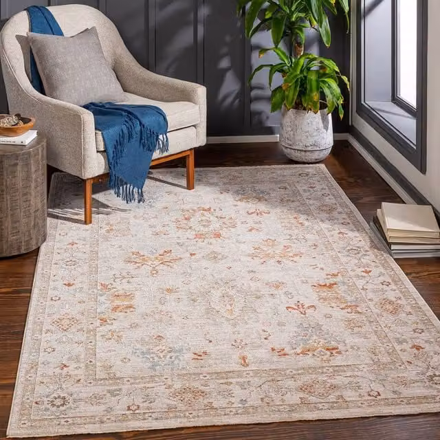 Livabliss Avant Garde Boho Oriental Living Room Rug with Fringes in Beige, Blue and Orange, W: 200 cm, D: 290 cm