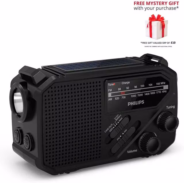 Philips TAR1609-00 Portable AM/FM Radio with Torch and SOS Alarm, Black