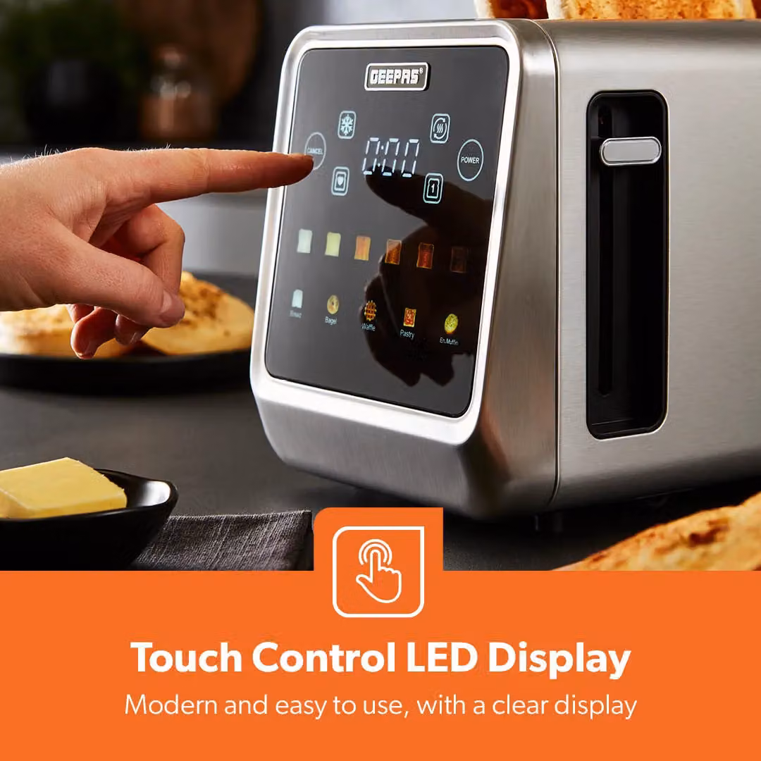 Geepas 4-Slice Digital Touch Toaster with 6 Browning Levels, Reheat and Defrost Functions in Metallic Silver – 6
