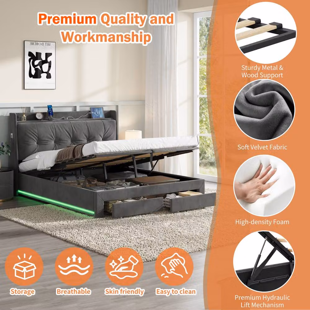 Rolipo King Size Grey Velvet Ottoman Bed Frame with LED Lighting, Storage and USB Ports, W/D/H: 180 x 200 cm – 4