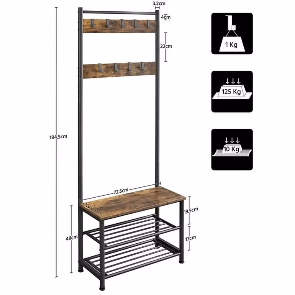 Kelvenix Brown Industrial Hall Tree with Bench, Shoe Rack and Movable Hooks – 2