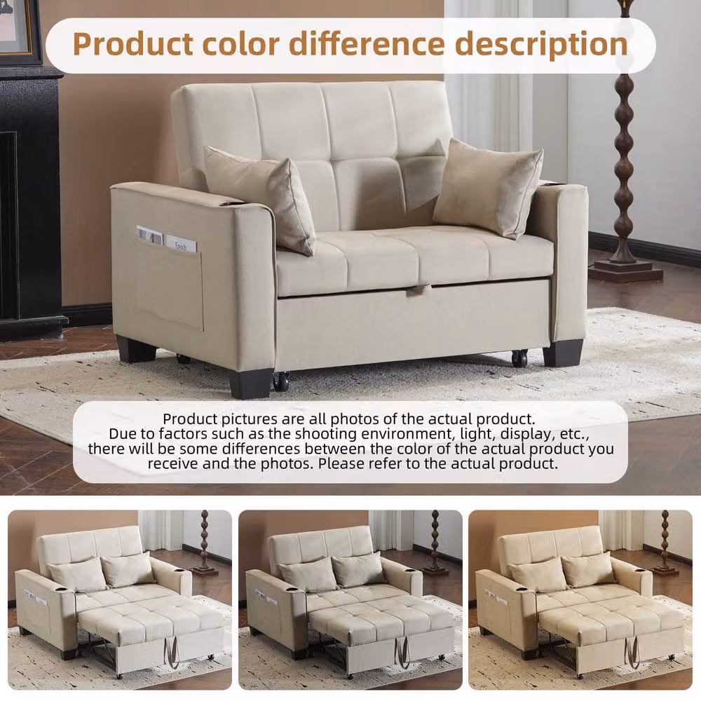 Matteo 2 Seater Convertible Fabric Sofa Bed with Cup Holders and Scatter Cushions, Beige – 2