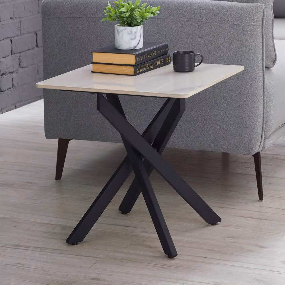 Cheshire Macallan Modern Square Marble Lamp Table in White and Black with X-Frame – 2