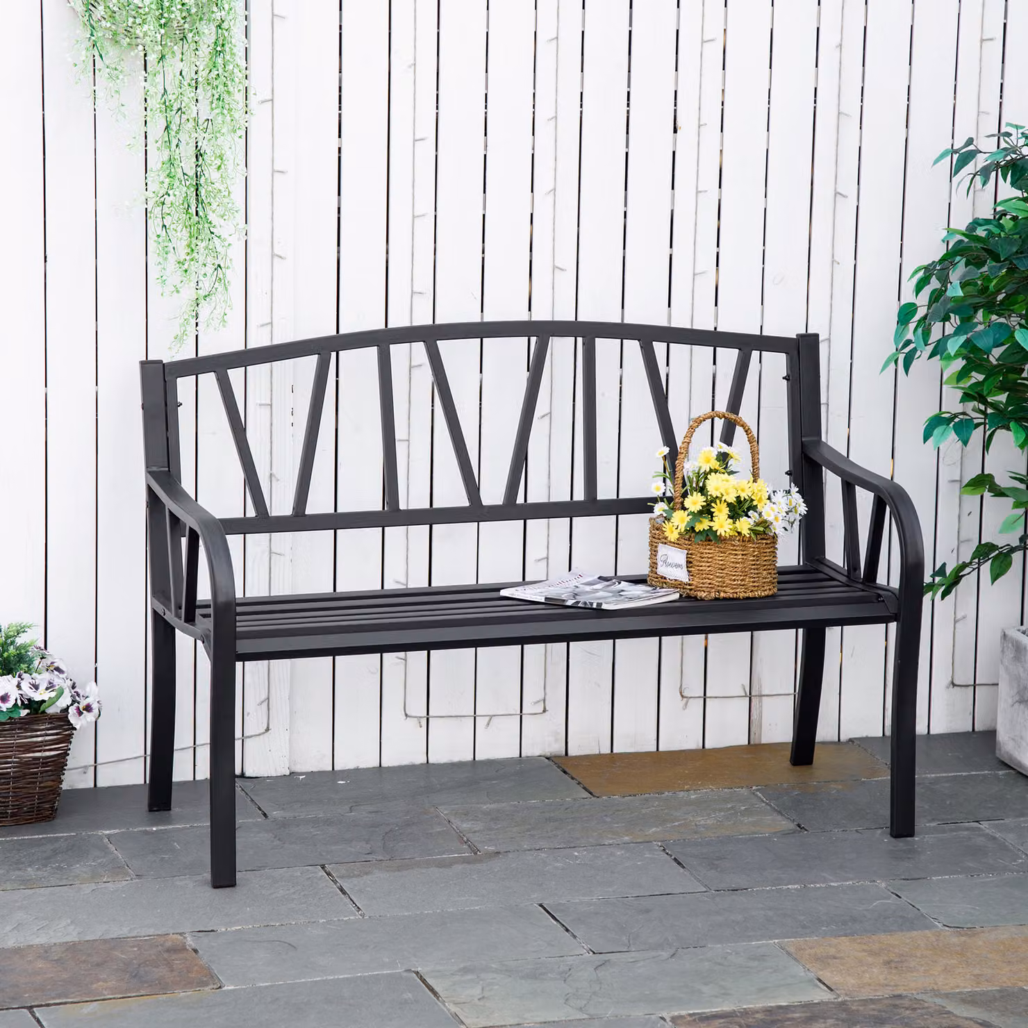 Outsunny 2 Seater Metal Garden Bench in Black with Armrests and Decorative Backrest – 2