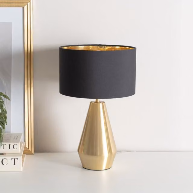 ValueLights Jax Dimmable Touch Table Lamp in Gold/Brass and Black with Fabric Cone Shade H 41 cm x W 25 cm x D 25 cm – 1