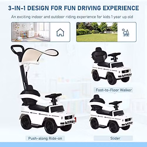 HOMCOM 3 in 1 Mercedes Licensed Kids Ride on Push Car with Canopy, White, W/D/H: 85.5 x 40.5 x 40.5 cm – 3