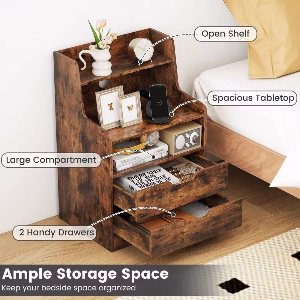 Costway Modern 2-Drawer LED Nightstand with Charging Station in Brown – 7