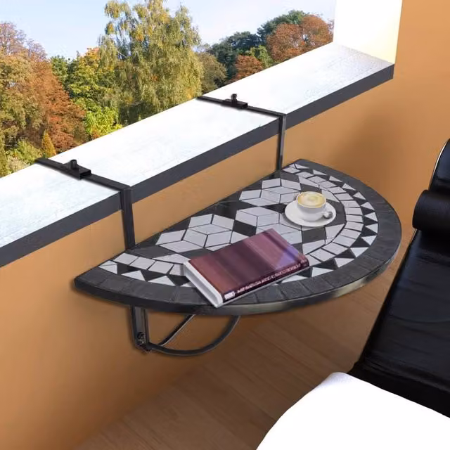 Berkfield Home Hanging Balcony Table with Black and White Geometric Mosaic Design