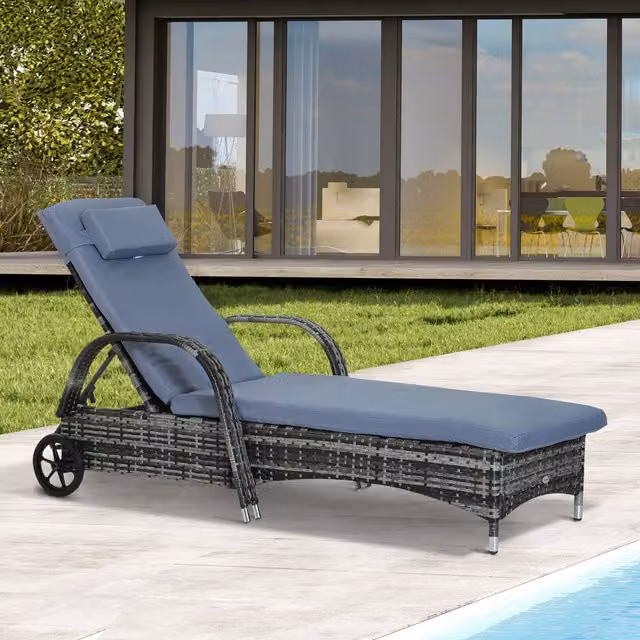 Outsunny Adjustable Grey Rattan Sun Lounger with Powder Coated Steel Frame and Castors