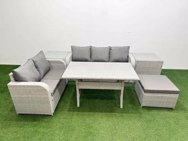 Fimous 6 Seater Grey PE Rattan Wicker Garden Furniture Set with Rectangular Glass Dining Table, 3 Seater Sofa, Love Seat and Large Footstool
