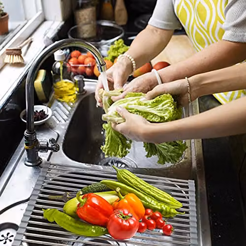joeji's Kitchen Non-slip Roll Up Dish Drying Rack in Stainless Steel and Silicone, Silver/Grey, W: 43 cm, D: 35 cm – 4