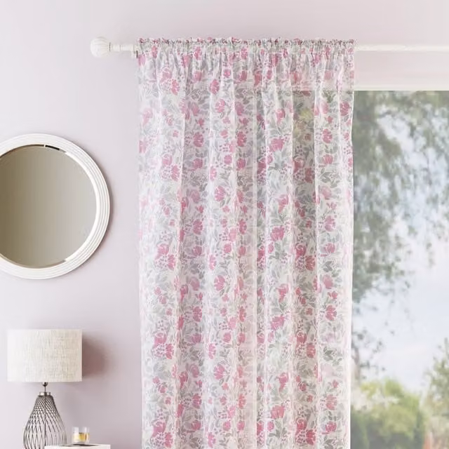 Tyrone Textiles Mia Pink Floral Sheer Voile Curtain Panel, W: 140 cm, H: 137 cm