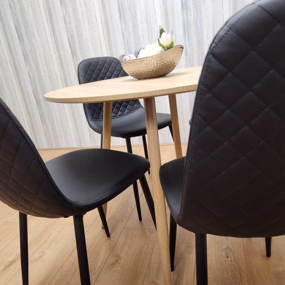 Kosy Koala Round Oak Effect Kitchen Dining Table and 4 Black Faux Leather Padded Chairs Dining Set – 4
