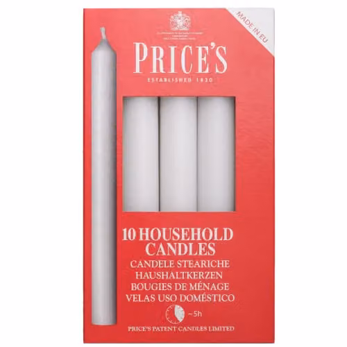 Price's Candles Classic White Wax Household Taper Candles, Pack of 10